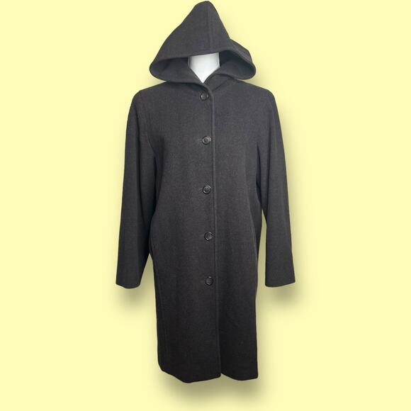 Vintage 90s Jones NY Coat Gray Wool Cashmere Long Hooded Jacket Sz Large - Picture 1 of 12